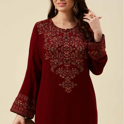 Maroon Floral Woven Woolen Straight Kurti