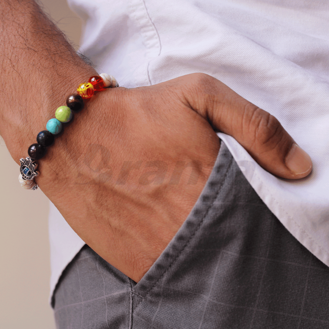 7 Chakra + Howlite White + Silver Hamsa Hand Evil Eye Bracelet For Men