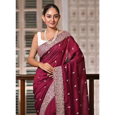 Maroon Embroidered Vichitra Silk Saree