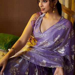 Lavender Floral Foil Printed Satin Silk Saree With Zarkan Border