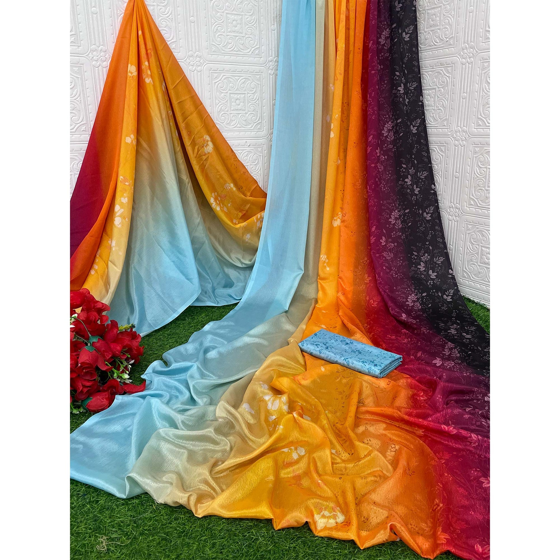 Multicolor Digital Printed Chinon Silk Saree