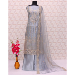 Grey Sequins Embroidered Net Semi Stitched Pakistani Suit