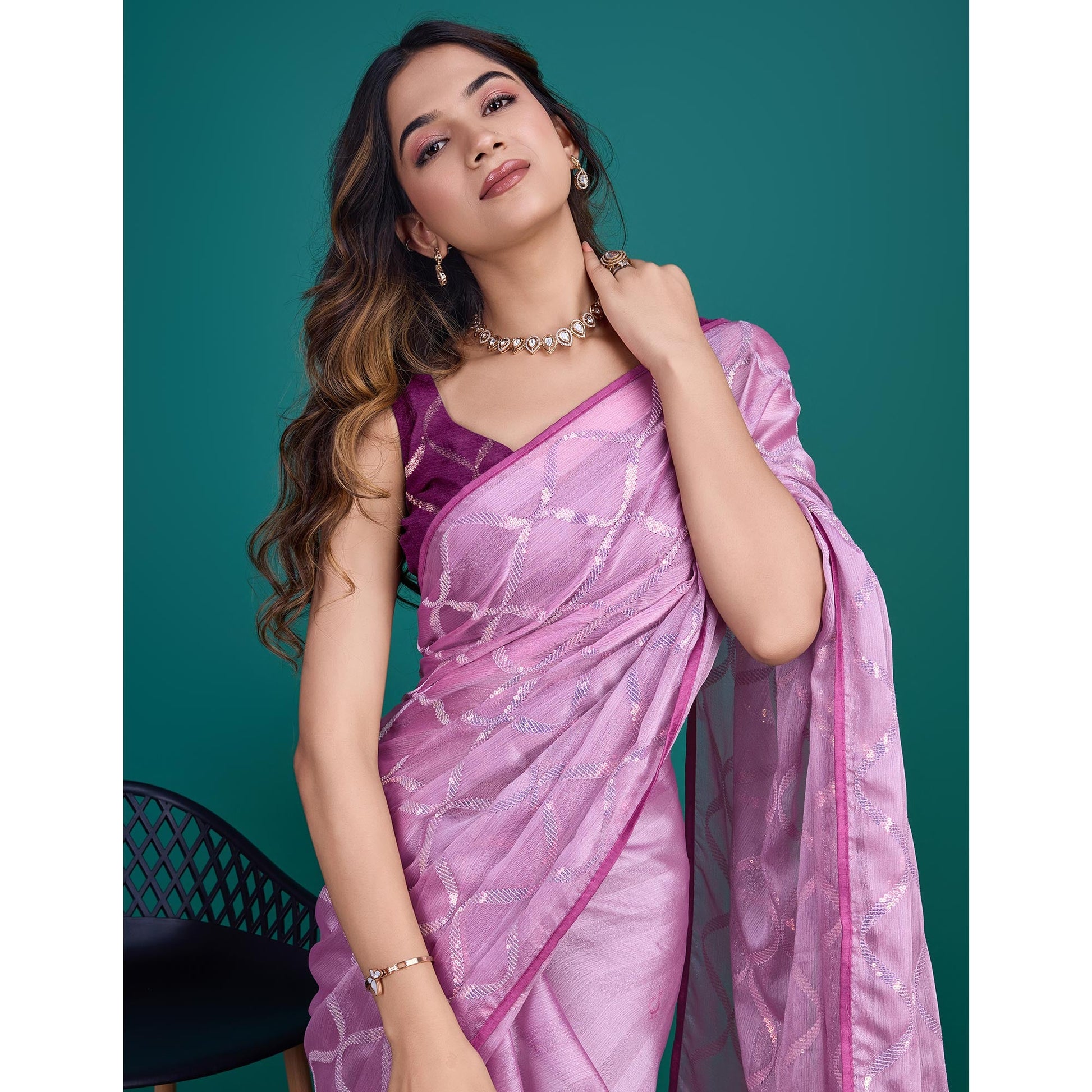 Lavender Sequins Embroidered Georgette Saree
