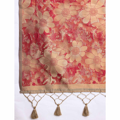 Chikoo Floral Woven Banarasi Silk Saree