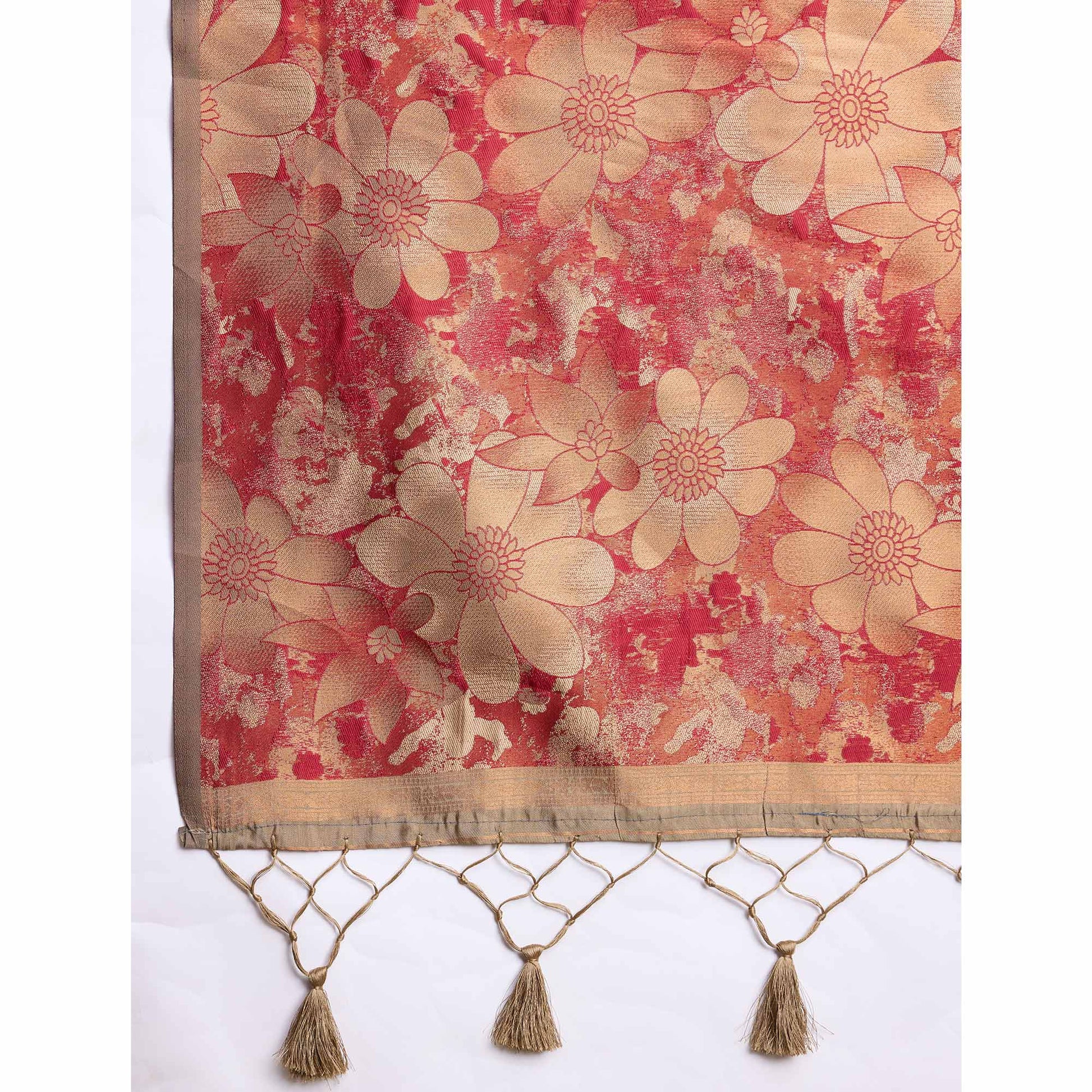 Chikoo Floral Woven Banarasi Silk Saree