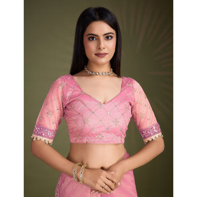 Light Pink Sequins Embroidery With Mirror Handwork Twill Net Saree