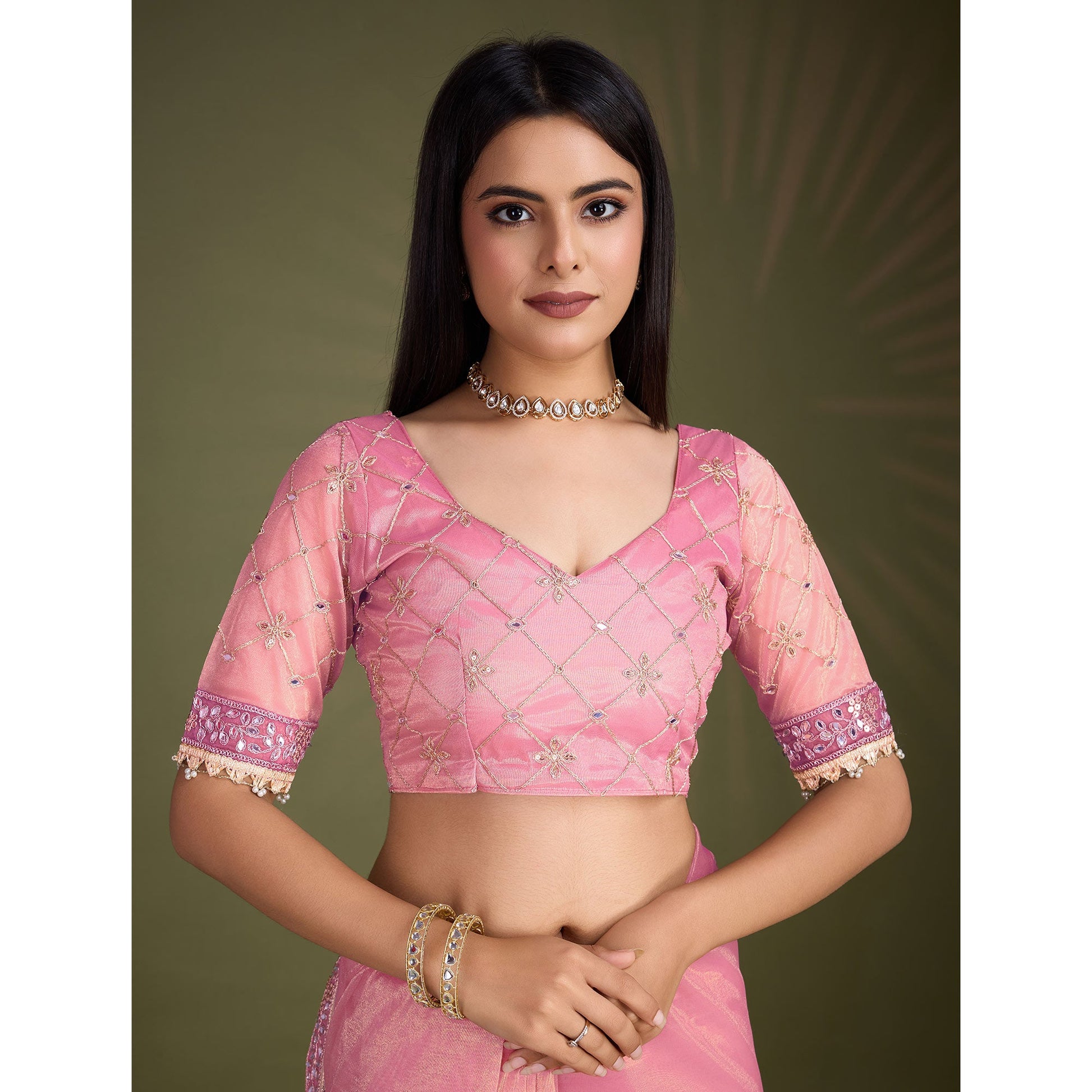 Light Pink Sequins Embroidery With Mirror Handwork Twill Net Saree