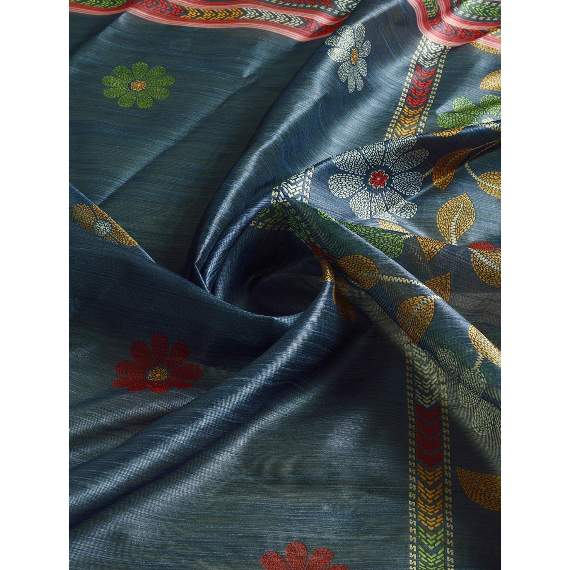 Bluish Grey Digital Printed Bhagalpuri Silk Saree With Tassels