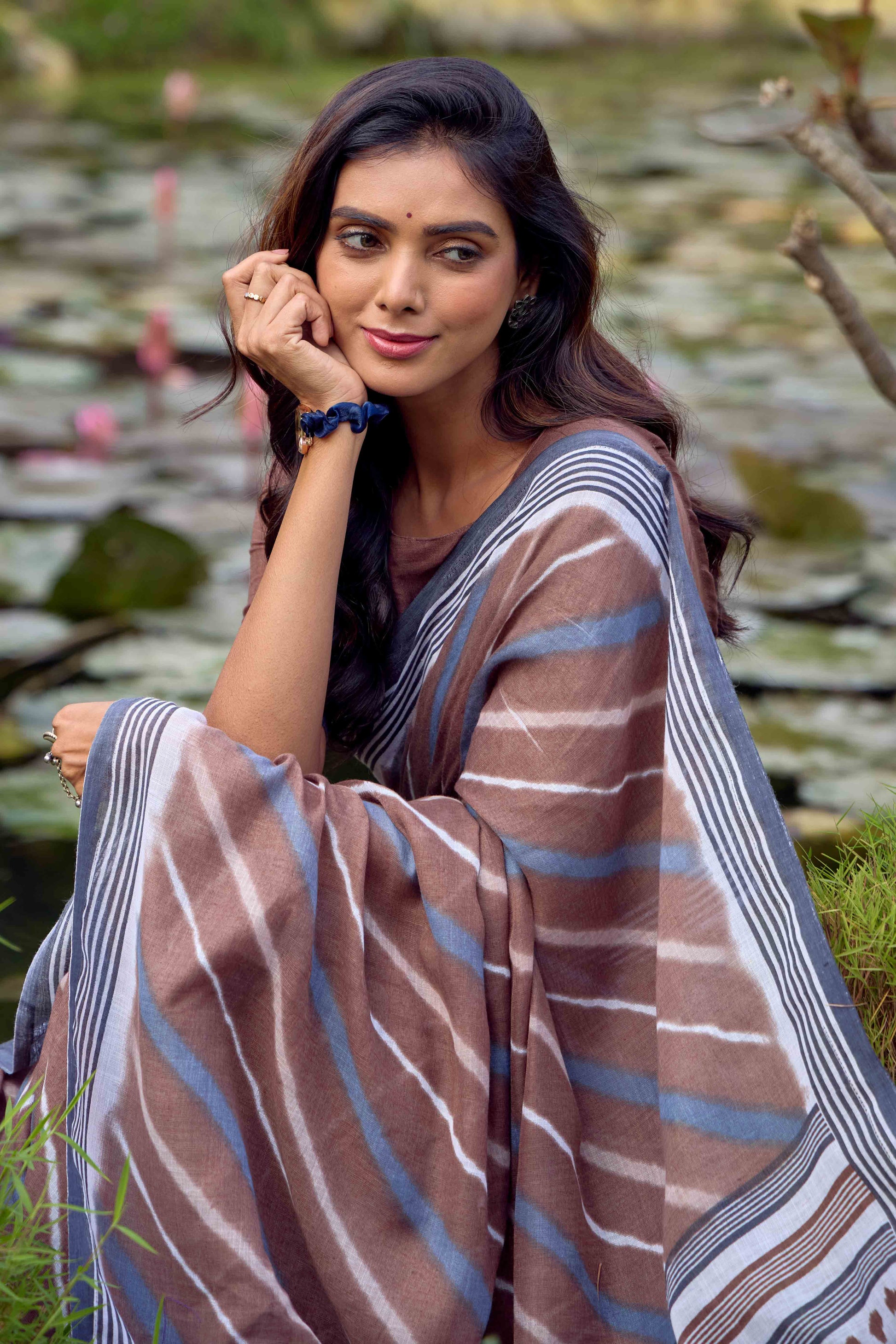 Brown Leheriya Printed Linen Saree