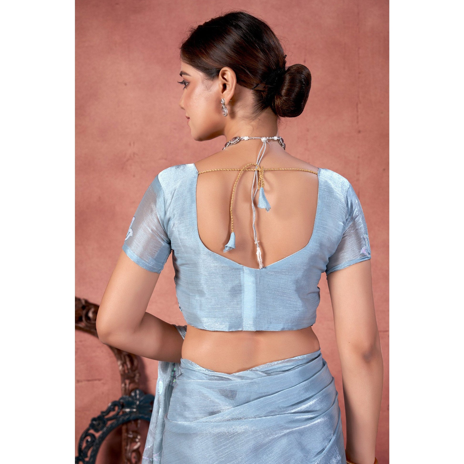 Greyish Blue Floral Sequins Embroidered chiffon Saree