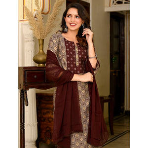 Brown Printed Chanderi Suit