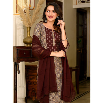 Brown Printed Chanderi Suit