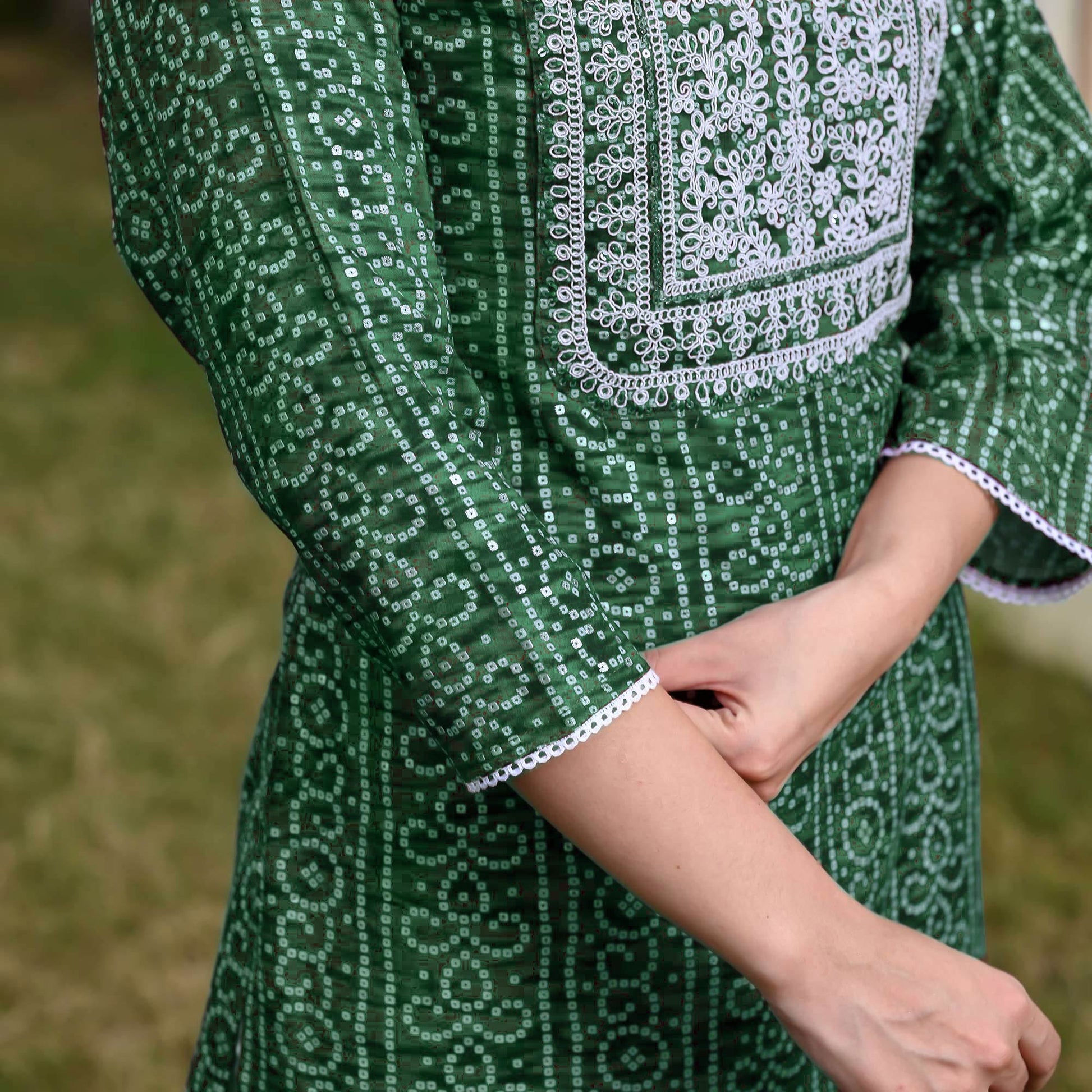 green-foil-bandhani-printed-with-embroidered-rayon-kurti