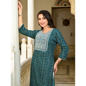 Morpich Foil Bandhani Printed With Embroidered Rayon Kurti