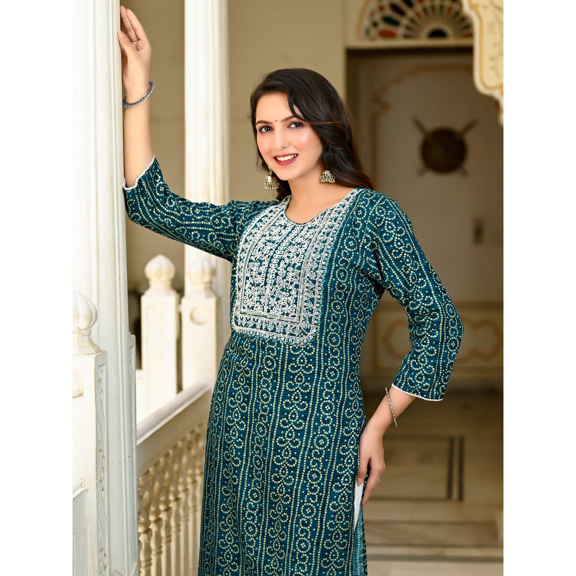 Morpich Foil Bandhani Printed With Embroidered Rayon Kurti