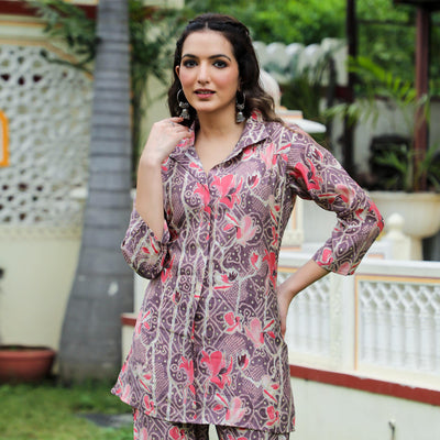 Brown Floral Foil Printed Chanderi Co Ord Set