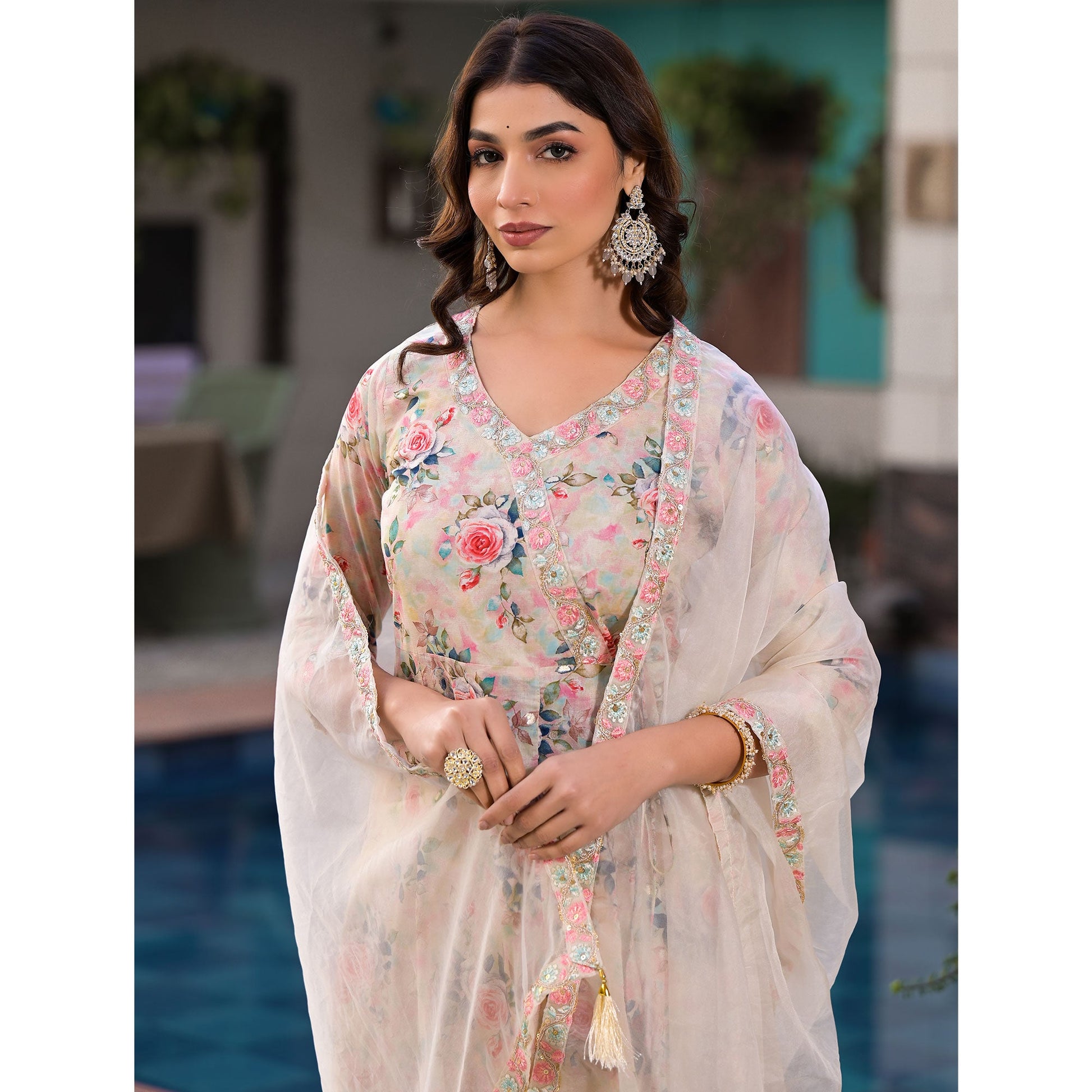 Cream Floral Printed Mulmul Cotton Anarkali Salwar Suit