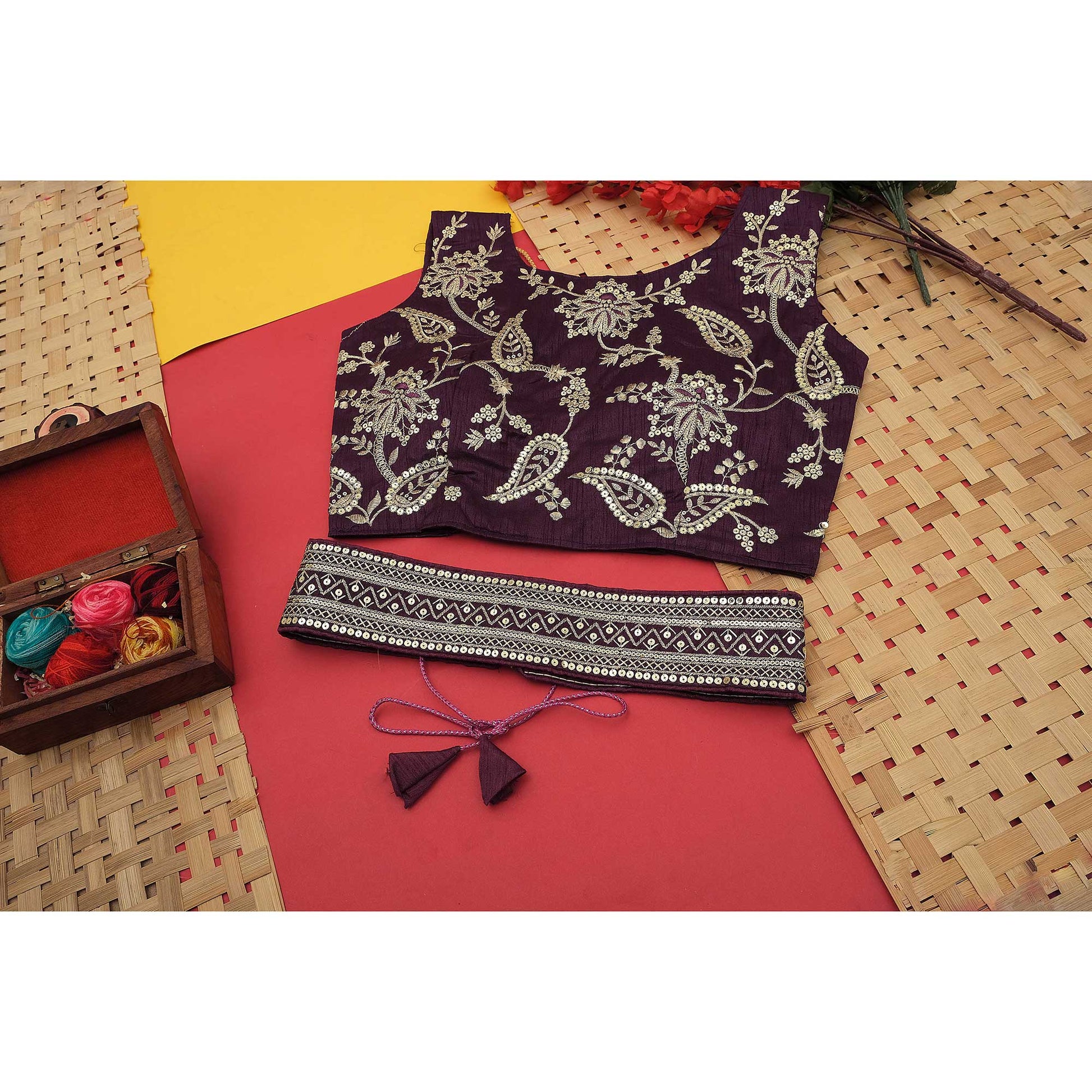 Light Purple Foil Printed With Embroidered Border Chinon Saree