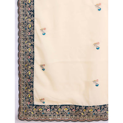 Cream Floral Sequins Embroidered Organza Saree With Lace Border