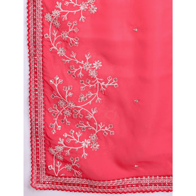 Gajari Pink Floral Sequins Embroidered Organza Saree With Lace Border
