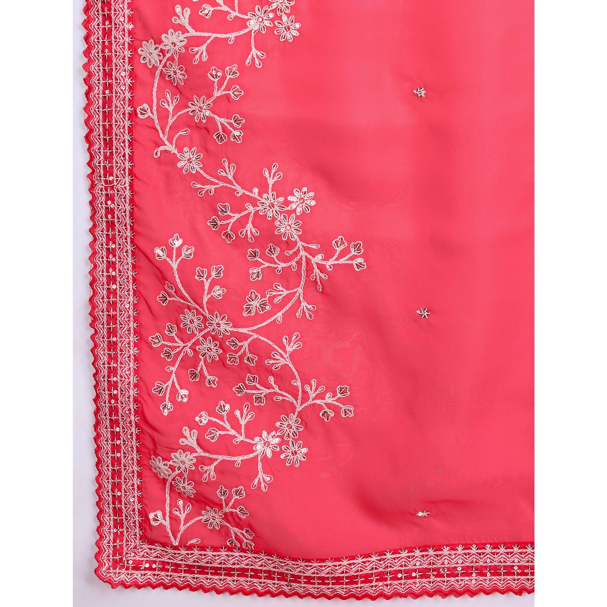 Gajari Pink Floral Sequins Embroidered Organza Saree With Lace Border