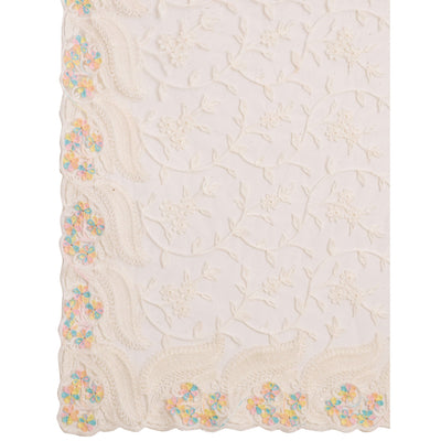 Cream Floral Thread Embroidered Net Saree