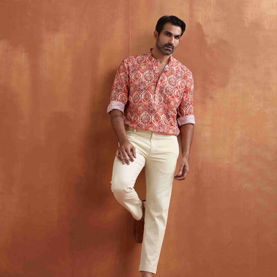 trueBrowns Men's Beige Printed Short Kurta