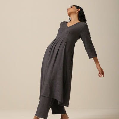 Slate Grey Slub Texture Overlap Pleat Kurta Pant Set | Relove