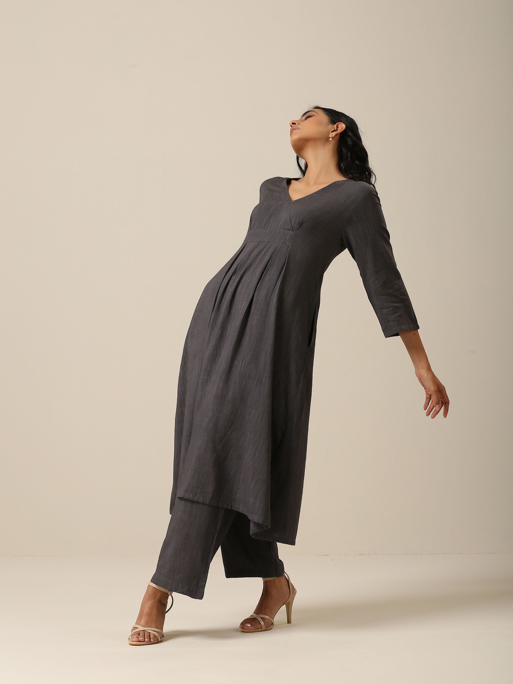 Slate Grey Slub Texture Overlap Pleat Kurta Pant Set | Relove