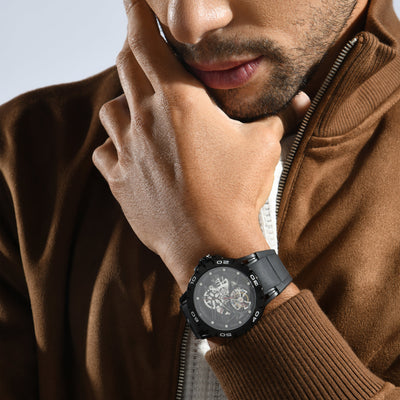 Crescent Men Automatic Black Dial Analog Silicone Watch 227-P40406