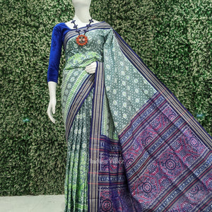 Pastel Green Lily Flower Vase Sambalpuri Silk Saree