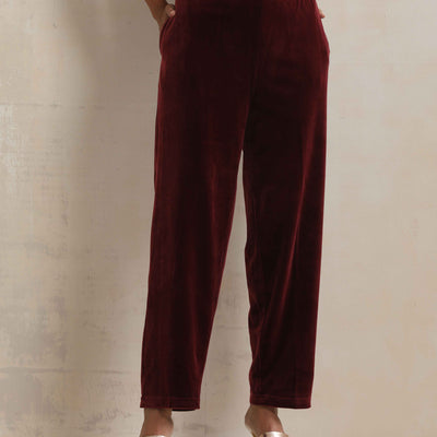 trueBrowns Maroon Velvet Embroidered Kurta Pant Dupatta Set