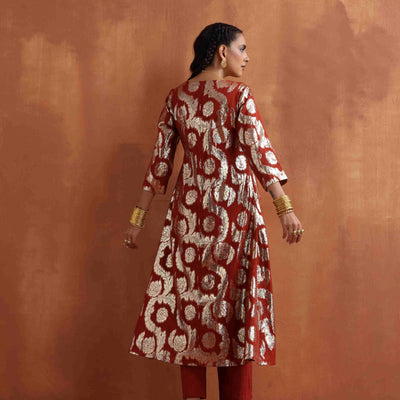 trueBrowns Rust Metallic Angrakha Kurta Set