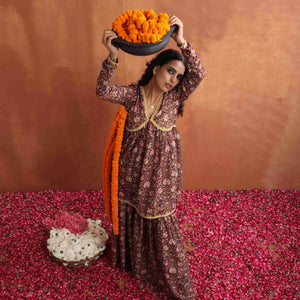 trueBrowns Brown Print Sharara Set