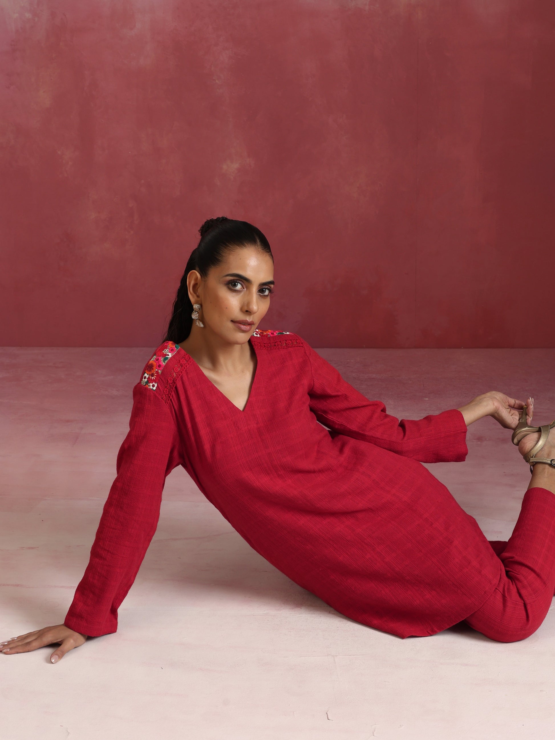 trueBrowns Red Cotton Dobby Co-ord set