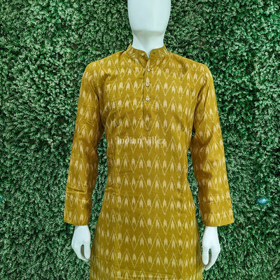 Mustard Yellow Sambalpuri Ikat Cotton Long Kurta For Men