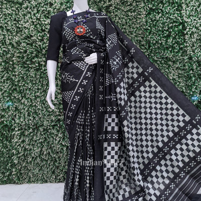Black Tribal Art with Pasapali Border Contemporary Silk Saree