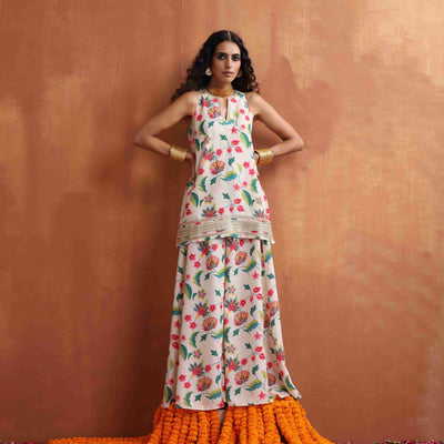 trueBrowns Off White Print Sharara Set