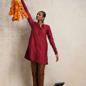 trueBrowns Red Silk Kurta Co-ord Set