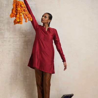trueBrowns Red Silk Kurta Co-ord Set