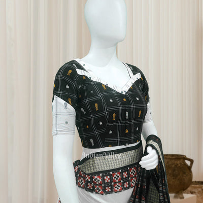 Black White Fish Motif Bomkai Cotton Blouse