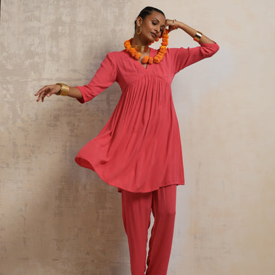 trueBrowns Peach Crinkle Flared Kurta Co-ord Set