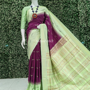 Maroon With Light Green Sambalpuri Bomkai Silk Saree