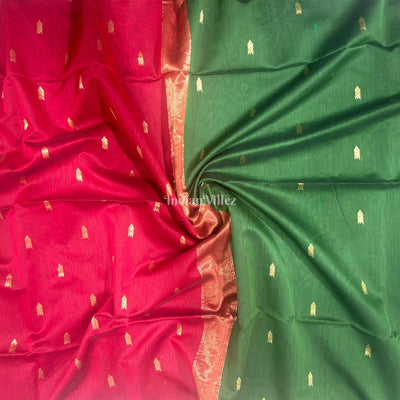 Bottle Green Butta Design Pure Silk Cotton Maheshwari Saree with Zari Border