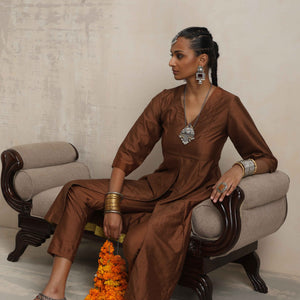 trueBrowns Brown Silk Slit Kurta Set