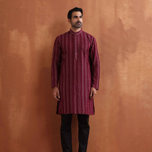 trueBrowns Men's Dark Purple Cotton Dobby Kurta