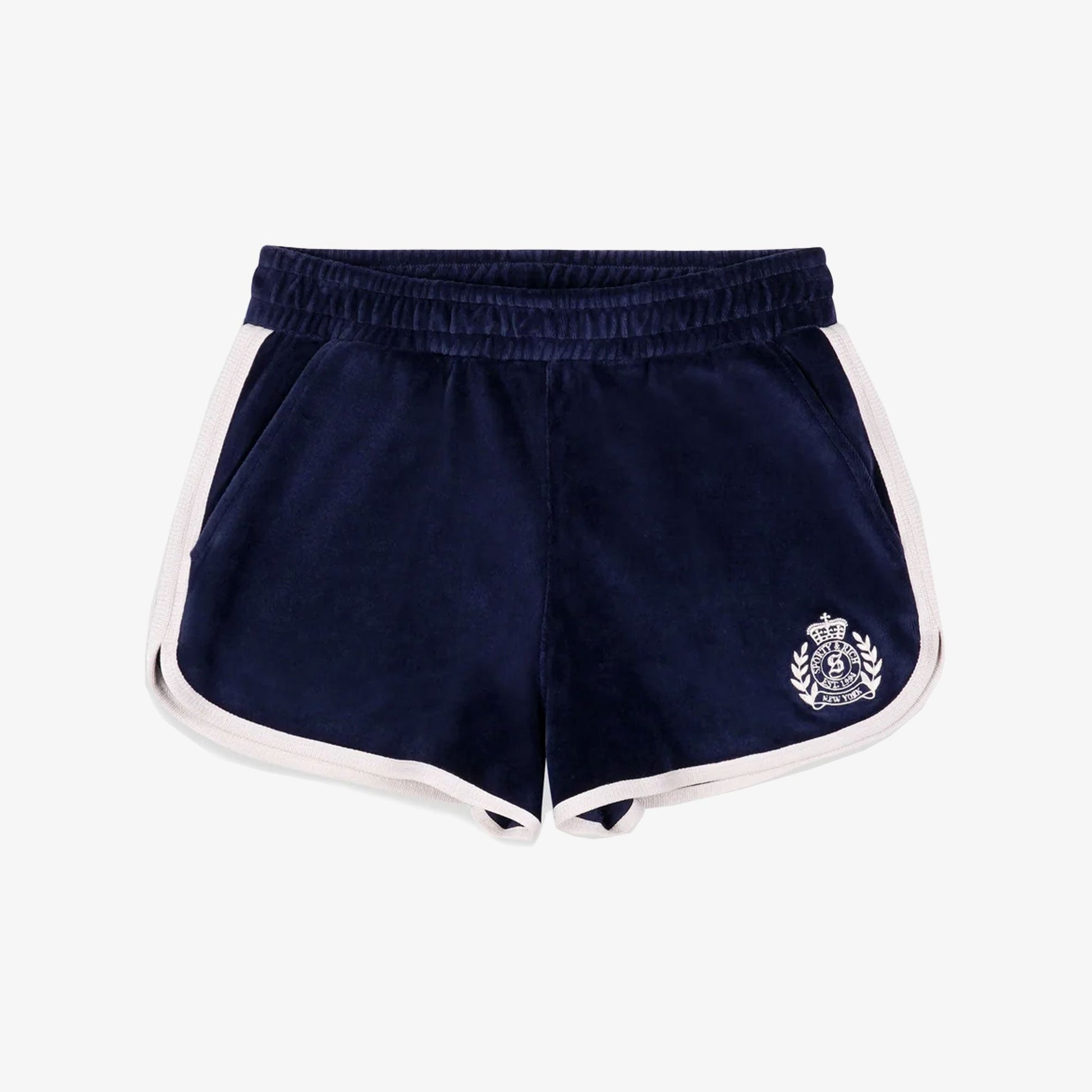 SPORTY & RICH | NY CREST VELOUR SHORT { NAVY/CREAM