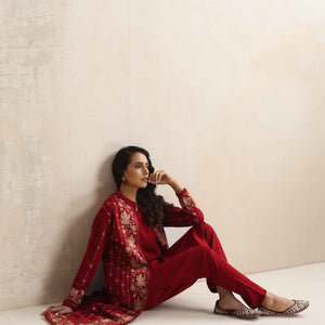 trueBrowns Red Kashmiri Woollen Jacket 3pc Set
