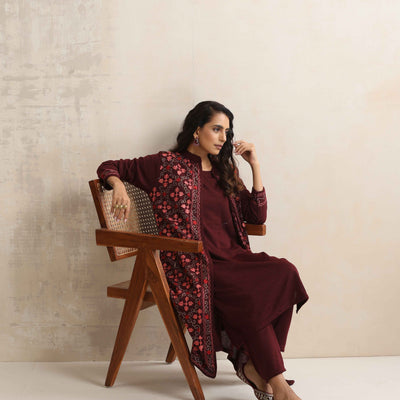 trueBrowns Purple Kashmiri Woollen Jacket 3pc Set