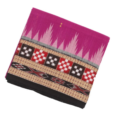 Hot Pink Orissa Cotton Saree With Tie & Dye And Temple Border Motifs